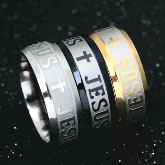 Silver Stainless Steel JESUS Insignia Emblem Embossed Engraved 8mm 8mm Band Ring - Picture 13 of 14